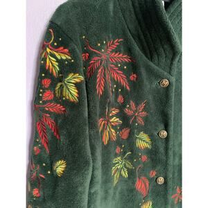 Bob Mackie Green Embroidered Leaves Wearable Art Button Up Fleece Jacket Large
